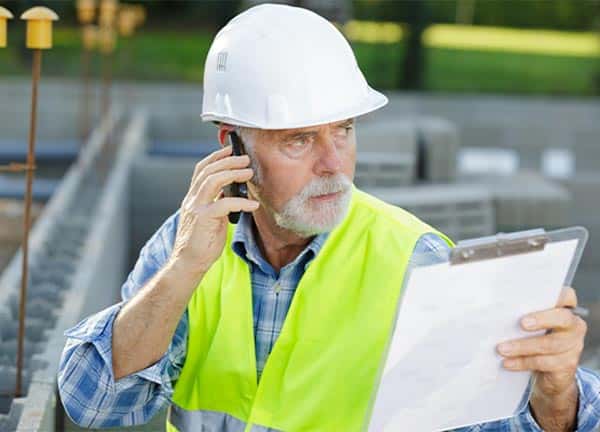 Spray foam insulation estimator with hard hat and yellow vest.